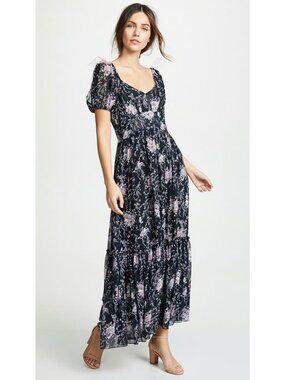 LoveShackFancy Angie Navy Cosmos Silk Floral Midi Dress 4 Shoulder Bows Slit